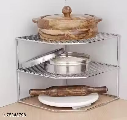 Wrightsellers Stainless Steel Multipurpose Kitchen Corner Shelf Rack Stand – 3-Tier Plate & Utensil Organizer, Rust-Free, Space-Saving, for Cupboards, Counters & Pantry