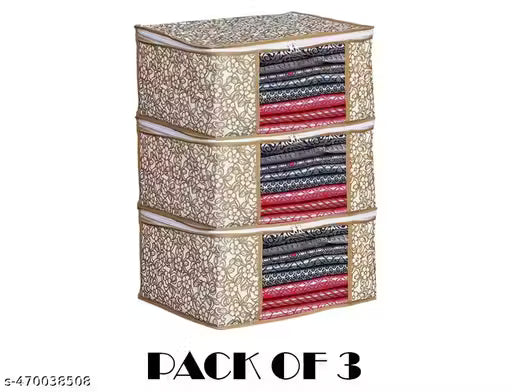 Wrightsellers High-Quality Non-Woven Saree Cover Storage Bags – Combo of 3, Wardrobe Organizer for Sarees, Clothes, Jeans, Shirts, T-Shirts, Blankets | Transparent Window, Durable Zipper, Lightweight & Trendy Design